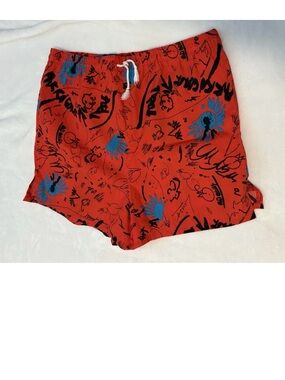 Vintage Men’s Size Medium Red W/ Black & Blue Print Swim Shorts By Salem Straits